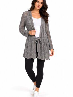 Coldwater Creek Open-Knit Tie-Front Linen/Blend Cardigan – XL – Grey
